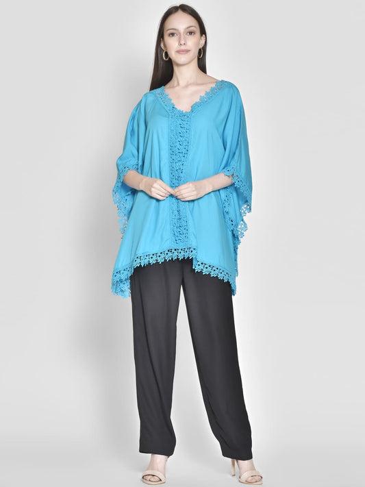 lace insert blue cotton kaftan