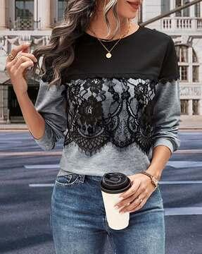 lace loose fit round-neck sweatshirt