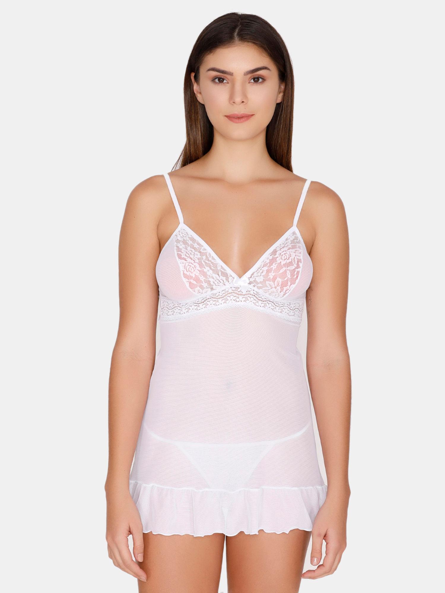 lace n mesh babydoll with thong - white