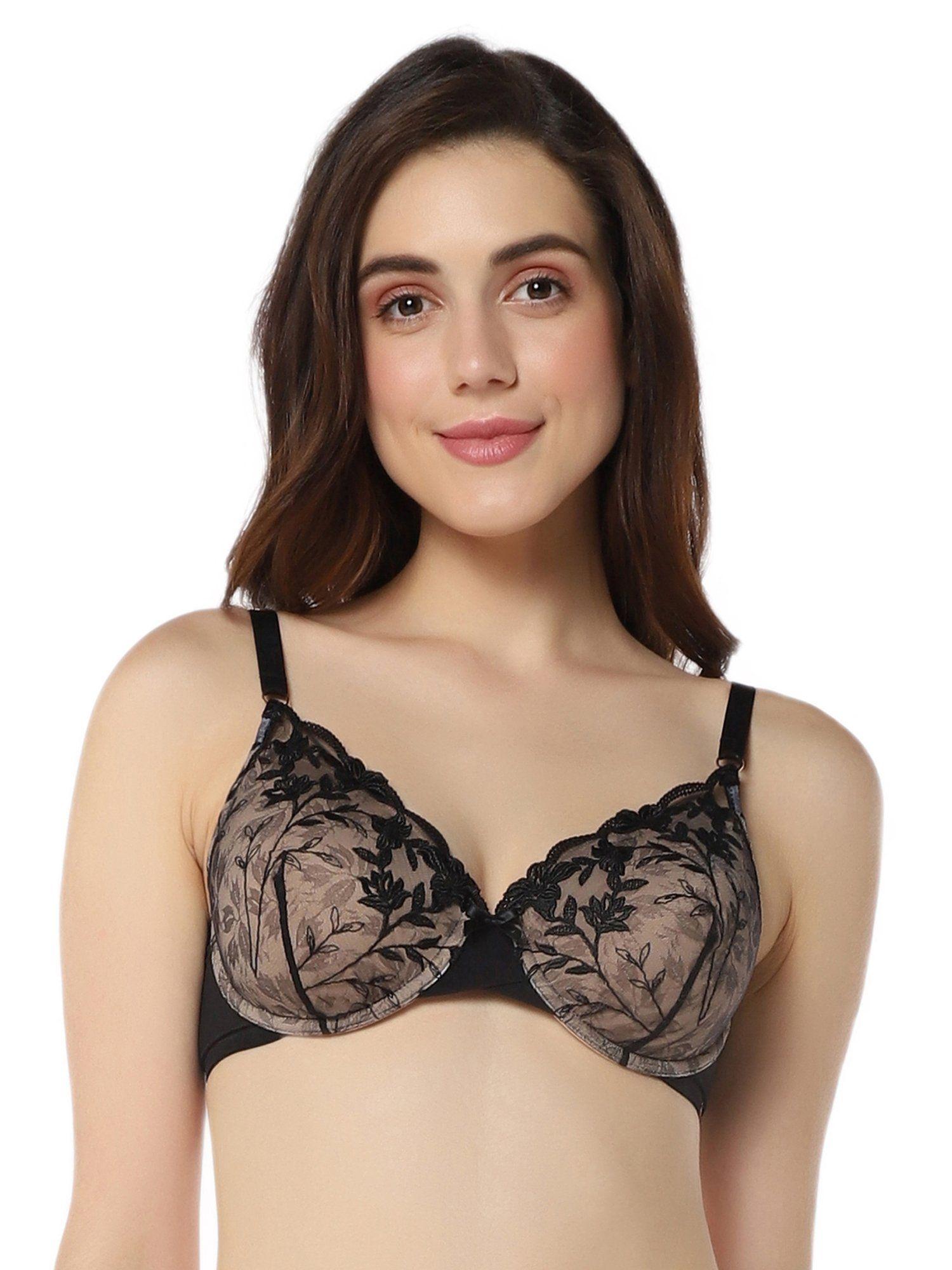 lace padded wired demi coverage sheer luxe bra- black