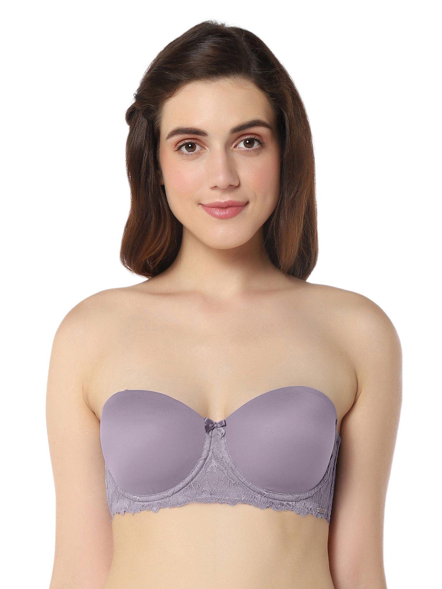 lace padded wired demi coverage strapless balconette bra- lavender