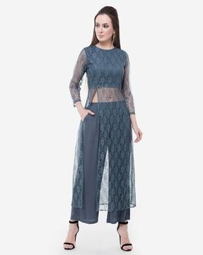 lace pattern a-line kurta set