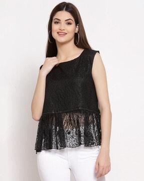 lace peplum top with back button-loop closure