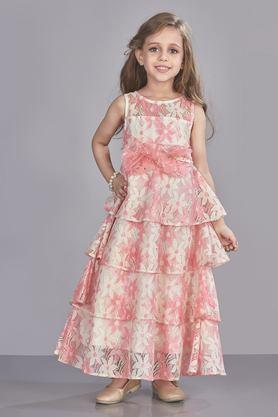 lace polyester boat neck girls party wear dress - pink