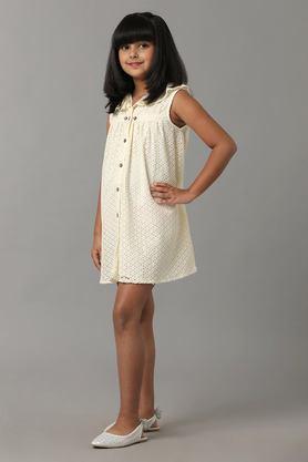 lace polyester round neck girls fusion wear dress - cream