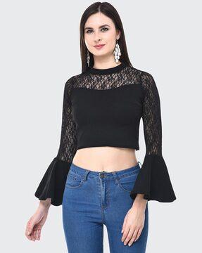 lace round-neck top with bell sleeves