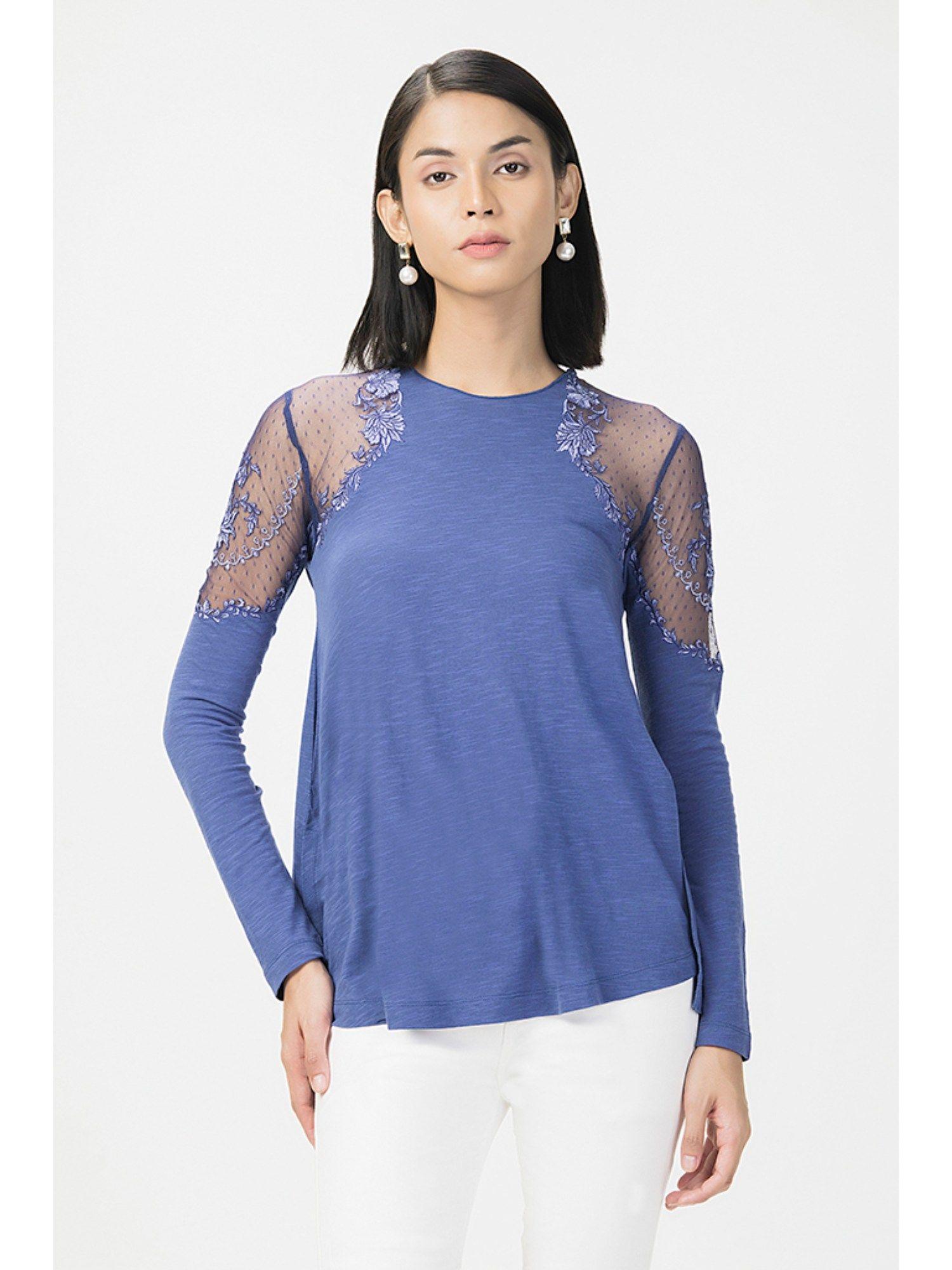 lace shoulder blue top