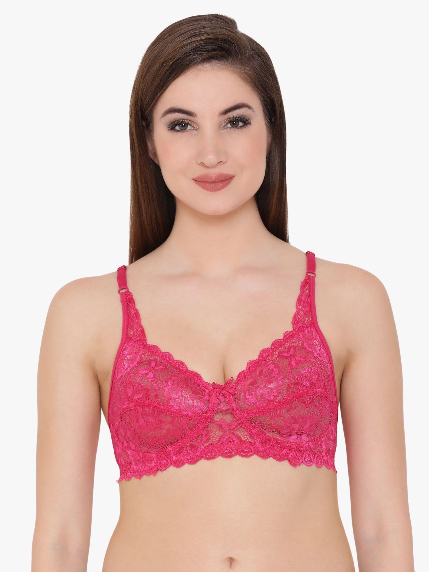 lace solid non-padded full cup wire free bra - dark pink