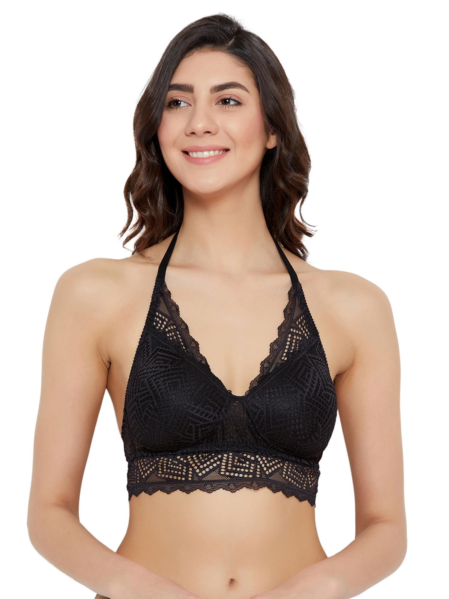 lace solid padded full cup wire free bralette bra - black