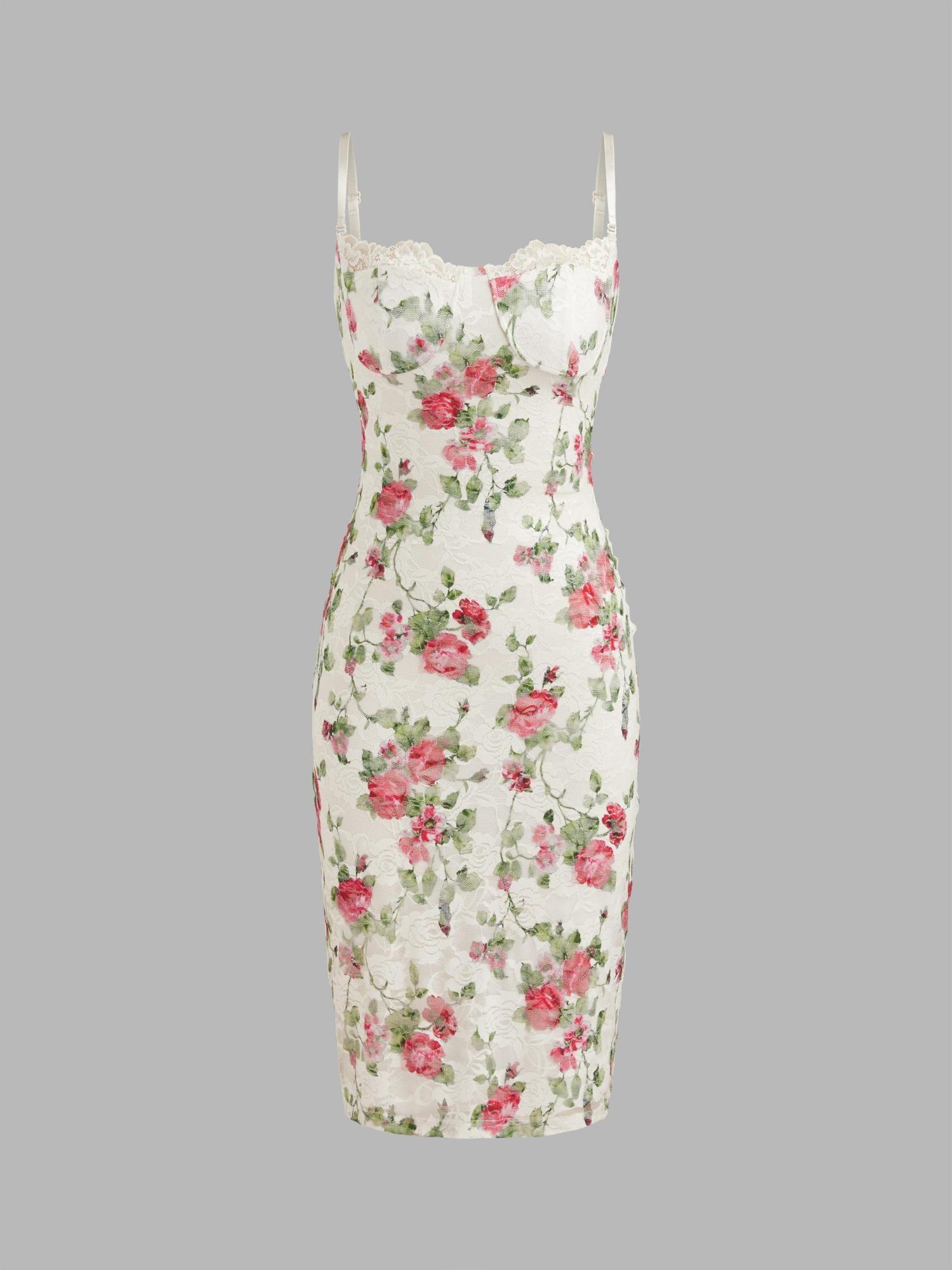 lace square neck floral midi dress