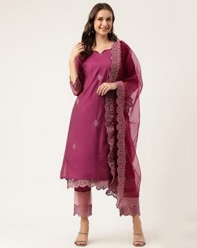 lace straight kurta set with dupatta