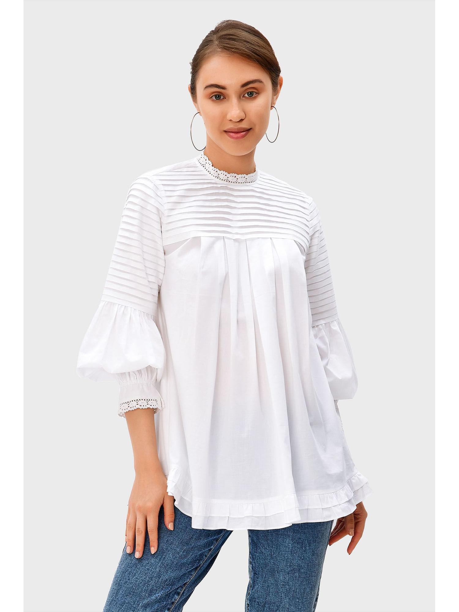 lace trim pleated egyptian giza cotton voile top