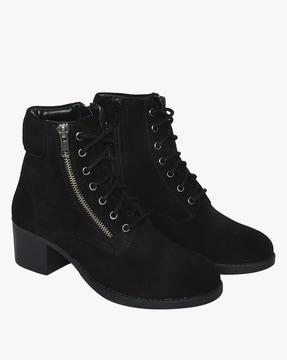 lace-up heeled leather ankle-length boots