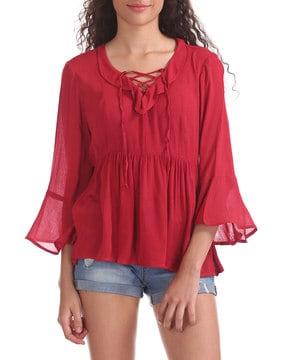 lace up neck woven top