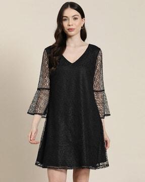 lace v-neck a-line dress with bell sleeves