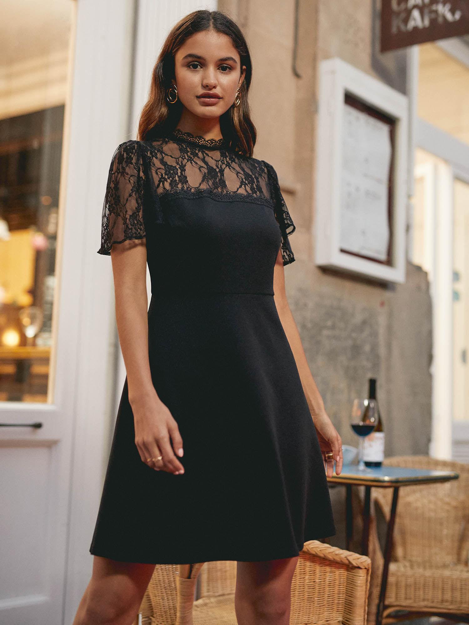 lace yoke embroidered half sleeves mini dress-black