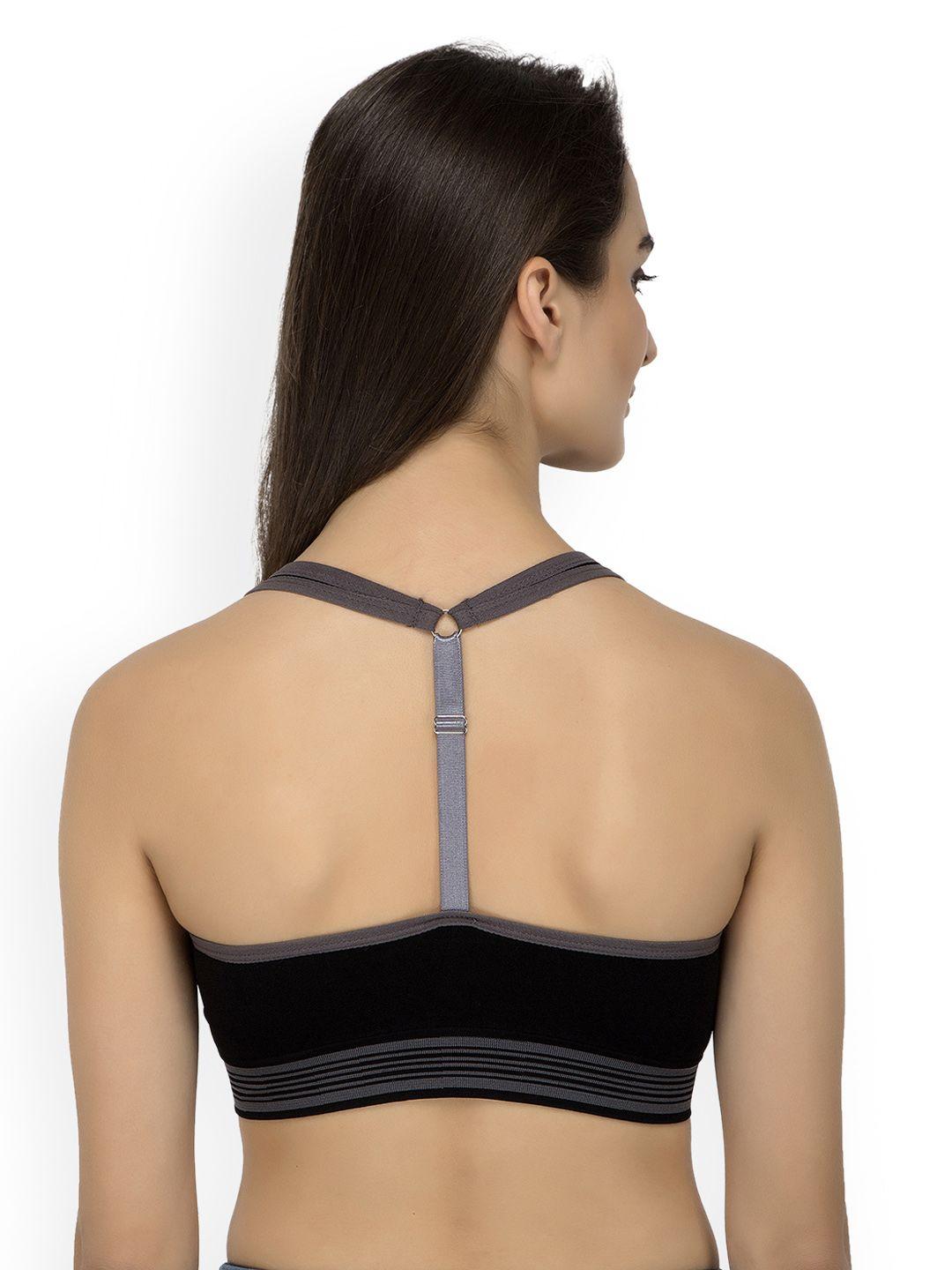 laceandme black solid non-wired lightly padded styled back sports bra 4370