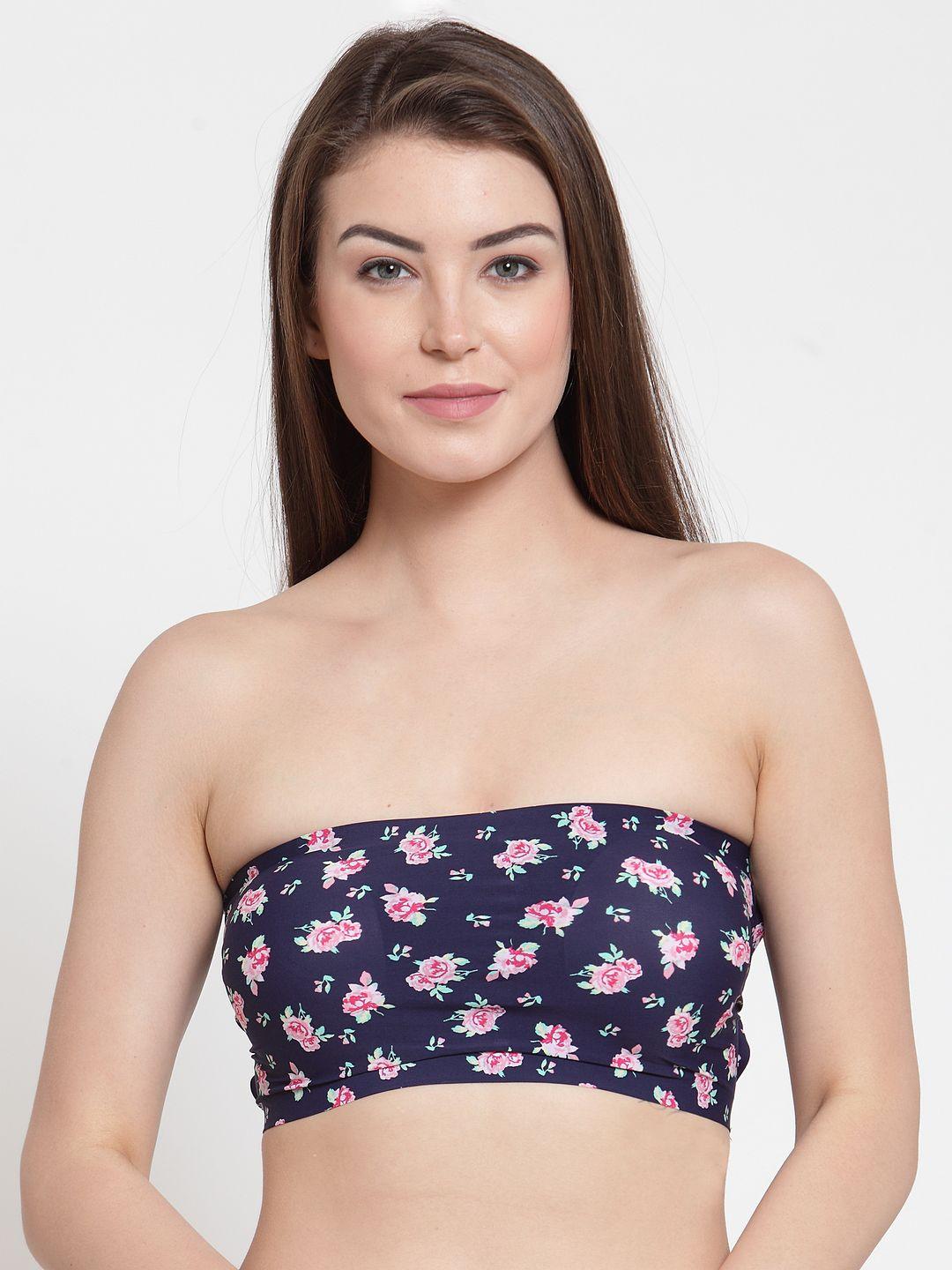 laceandme navy blue printed non-wired lightly padded bandeau bra 4524