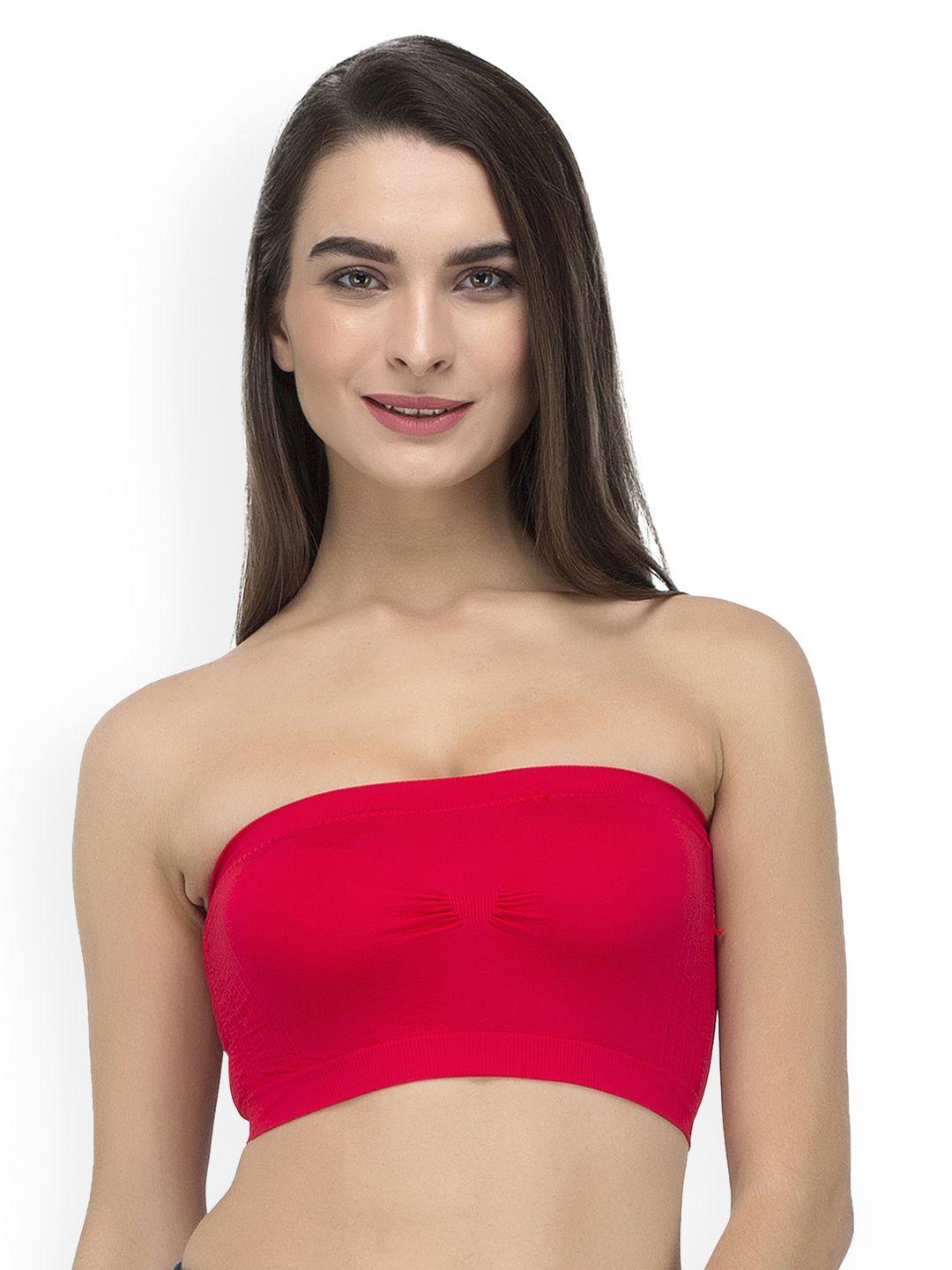 laceandme red solid non-wired lightly padded bandeau bra 4405