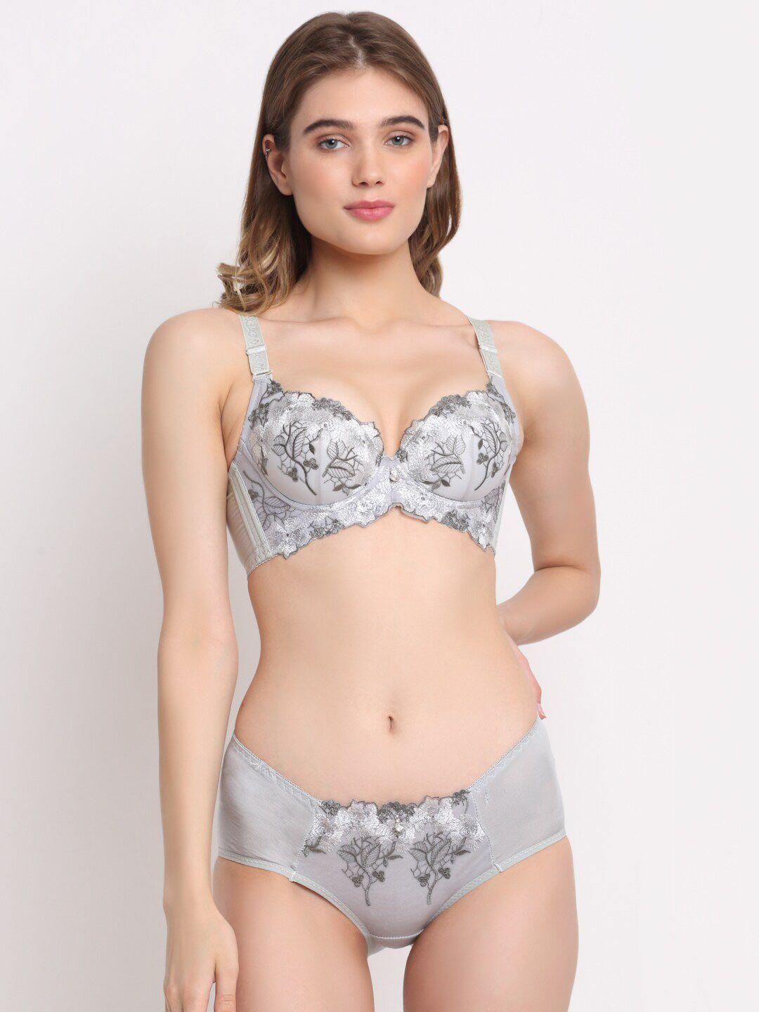 laceandme women grey embroidered padded lingerie set