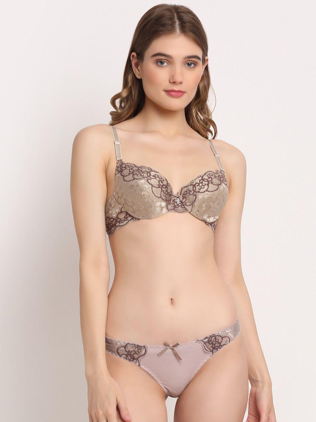 laceandme women taupe & brown embroidered lingerie set lm1117