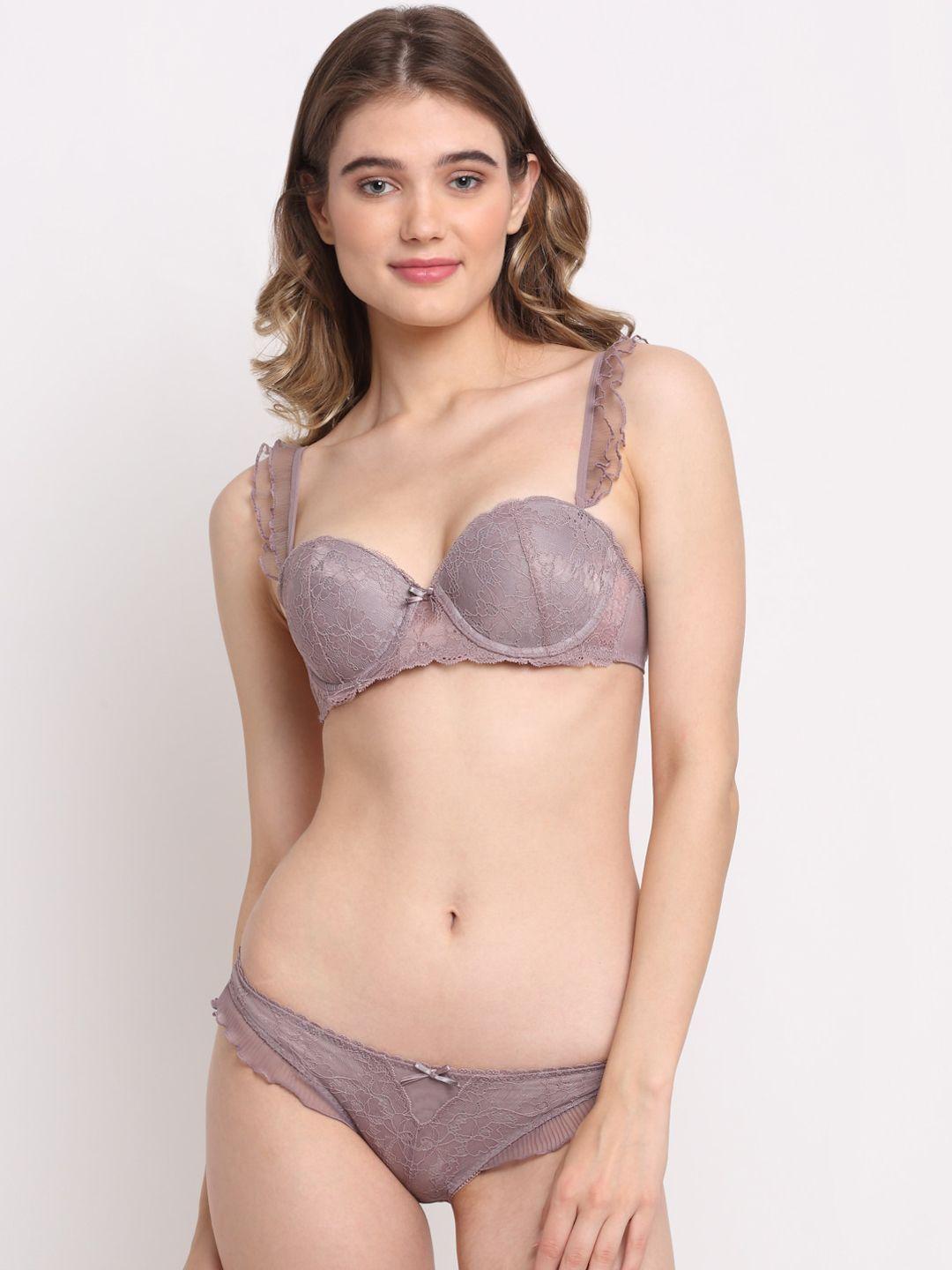 laceandme women taupe  self design lingerie set lm1167