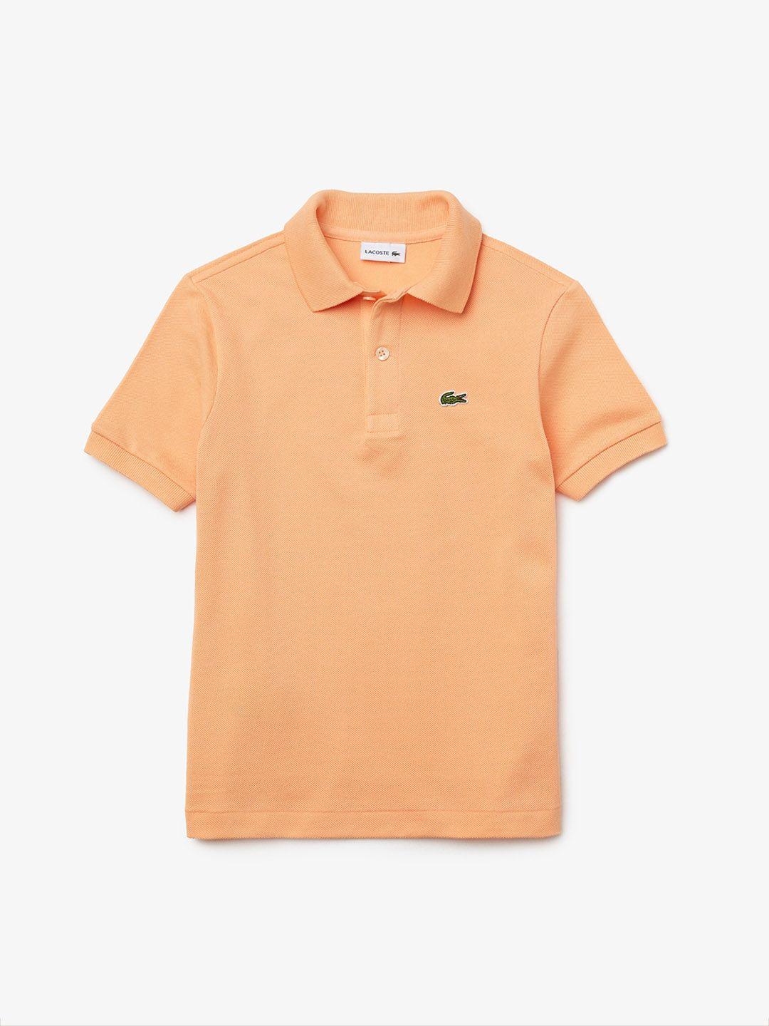 lacoste boys peach-coloured solid polo collar cotton t-shirt