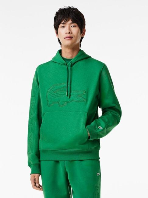 lacoste green cotton relaxed fit logo printed hooded sweatshirt
