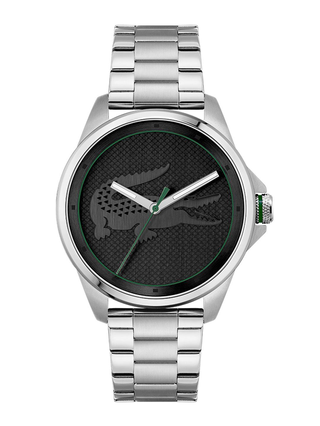 lacoste men black brass dial & silver toned stainless steel bracelet style straps analogue watch