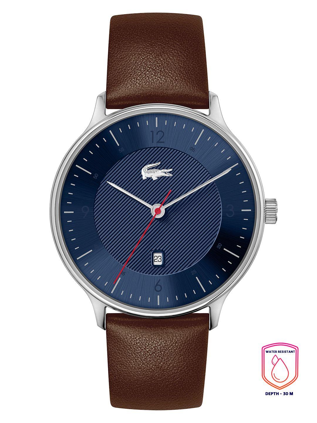 lacoste men blue brass patterned dial & brown leather straps analogue watch 2011137