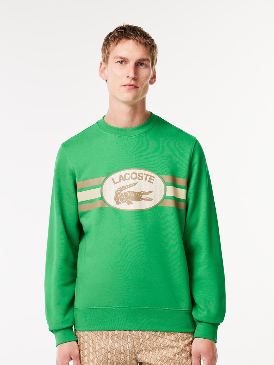 lacoste men green printed long sleeves fleece pullover sweatshirt