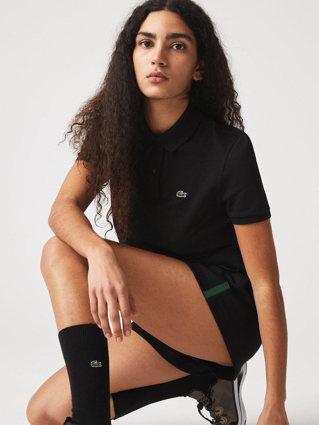 lacoste women black polo collar t-shirt
