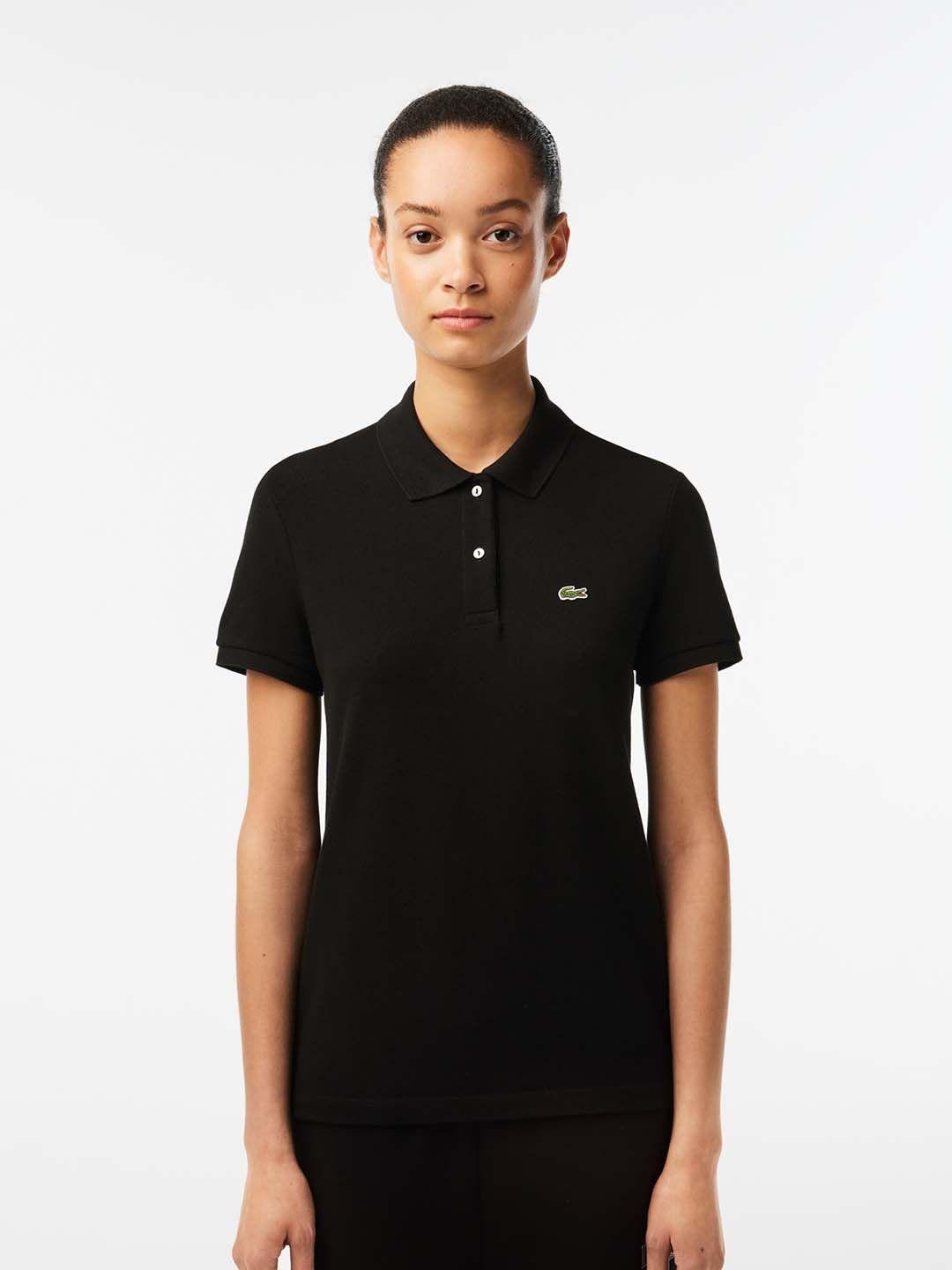 lacoste women black solid polo collar t-shirt
