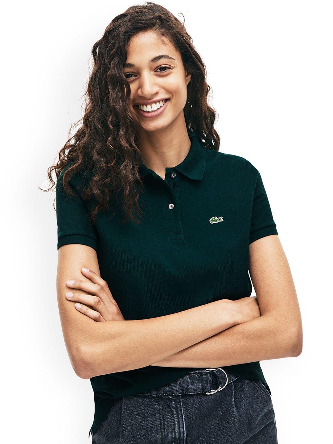 lacoste women green solid polo collar t-shirt