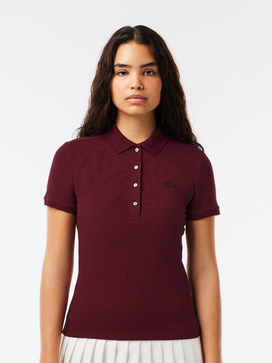 lacoste women maroon polo collar slim fit t-shirt