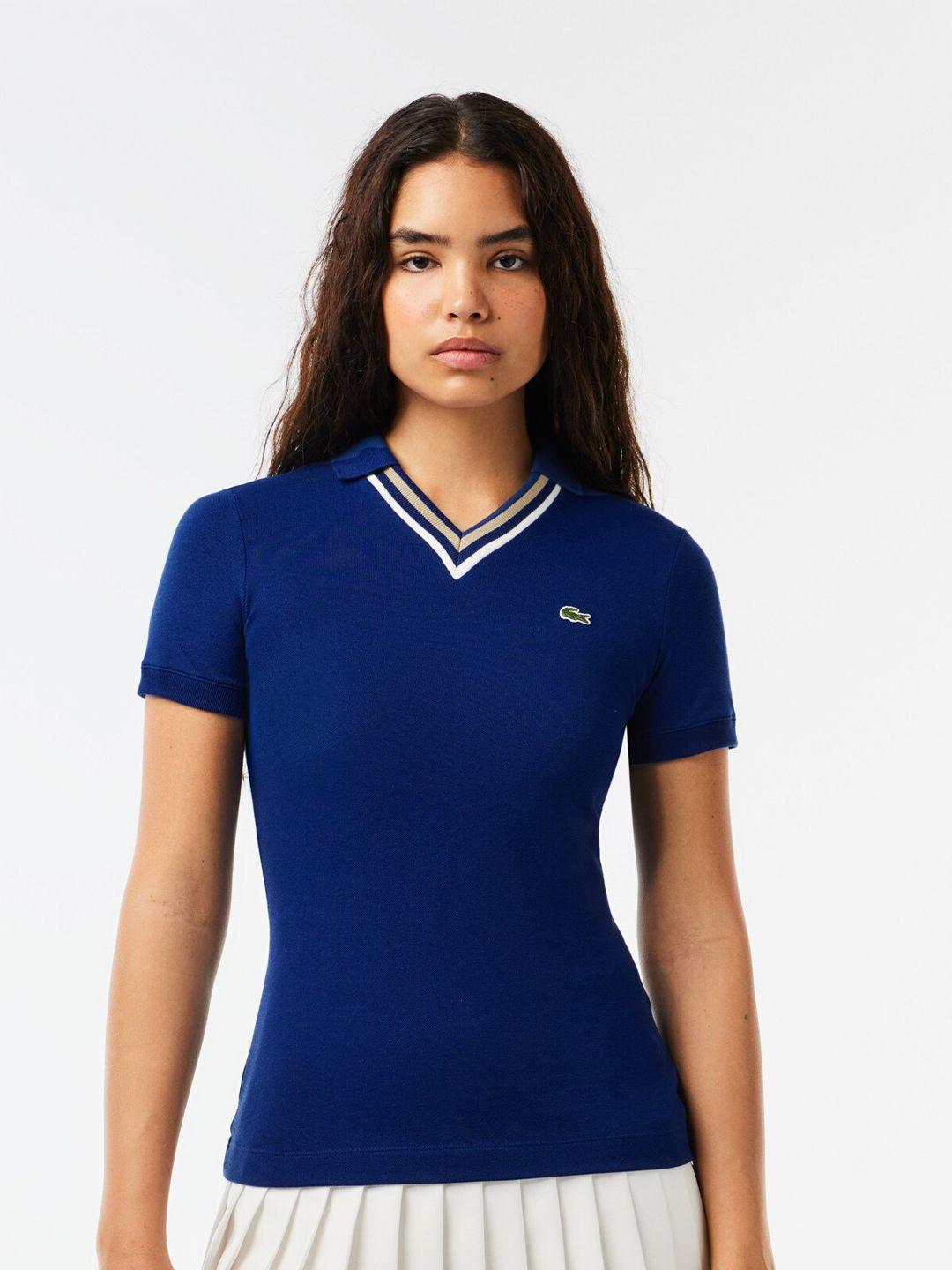 lacoste women navy blue polo collar slim fit t-shirt