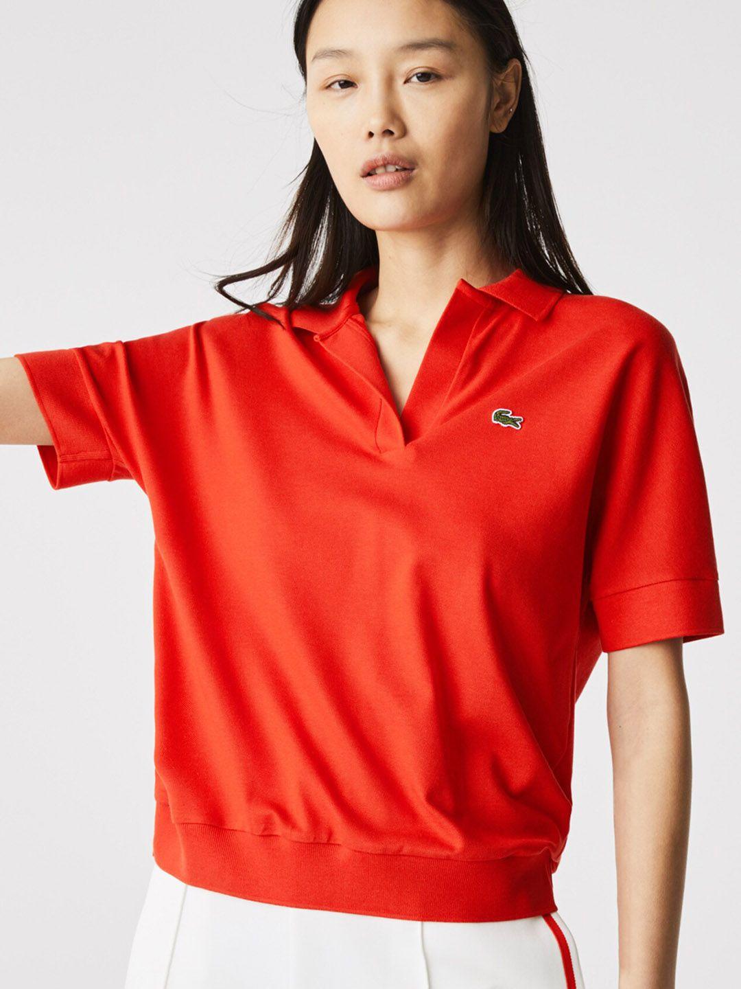 lacoste women red solid polo collar t-shirt
