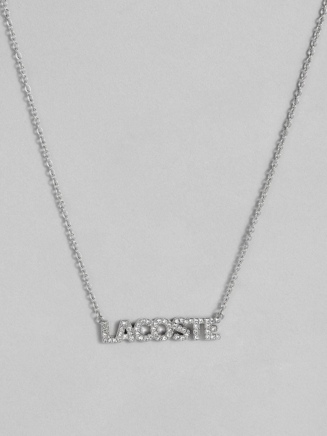 lacoste women script stainless steel artificial stones studded brand logo pendant necklace