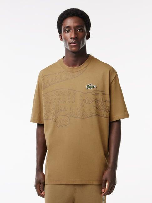 lacoste beige cotton loose fit printed t-shirt