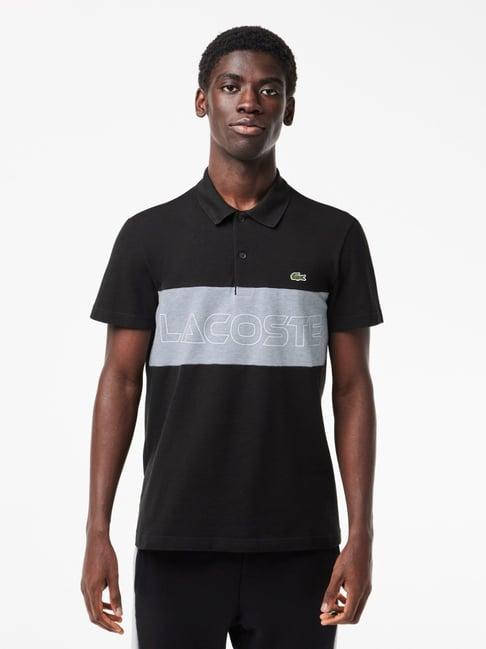 lacoste black cotton regular fit logo printed polo t-shirt