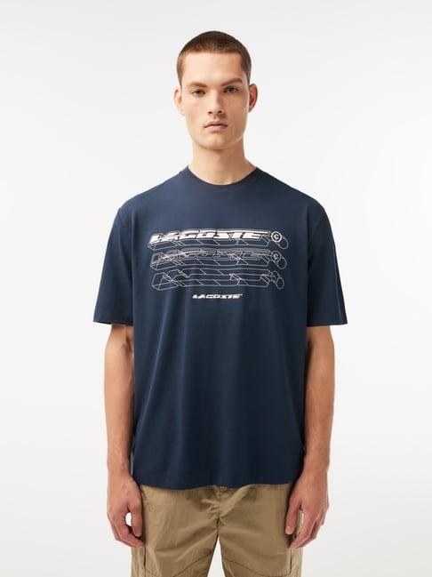 lacoste blue cotton loose fit printed t-shirt