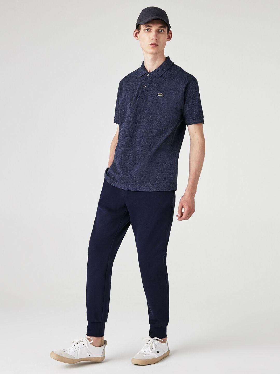 lacoste men navy blue pure cotton solid polo collar t-shirt