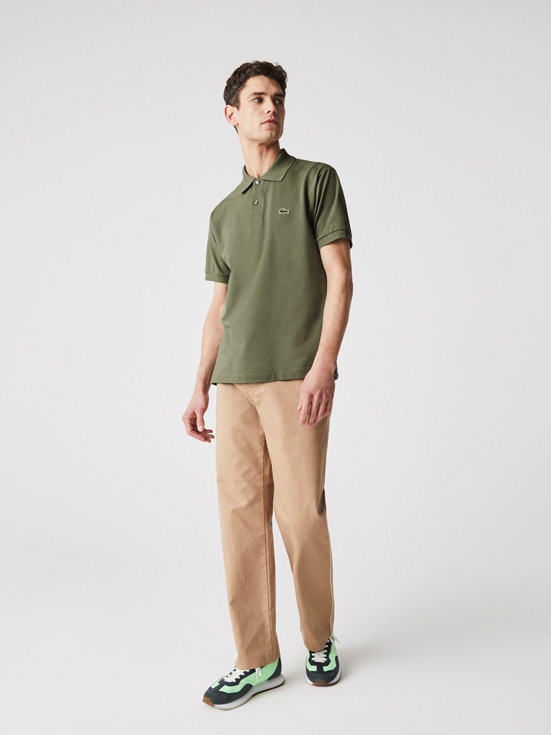 lacoste men olive green pure cotton solid polo collar t-shirt