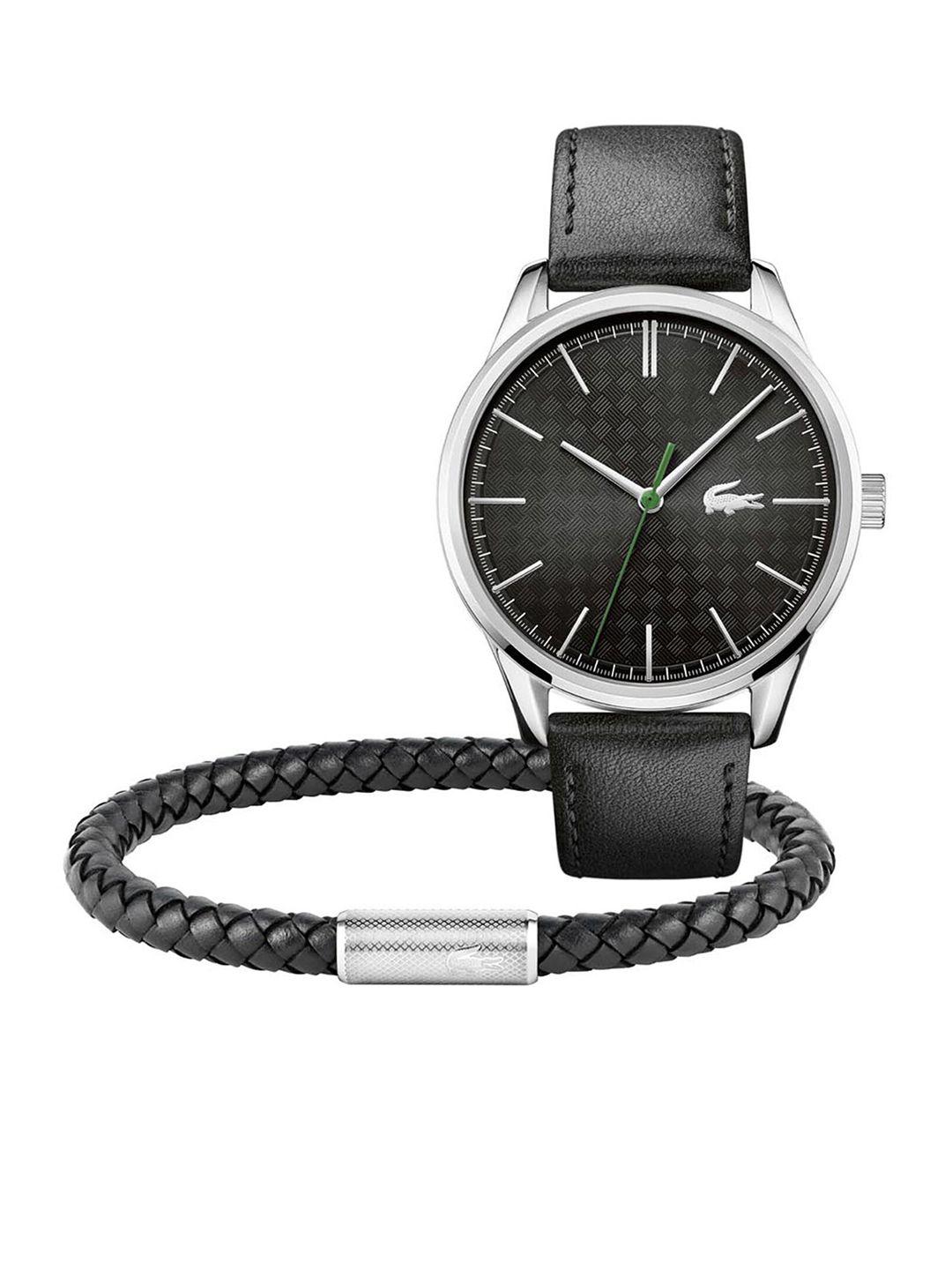 lacoste men pack of 2 black brass dial & black leather straps analogue watch 2070014