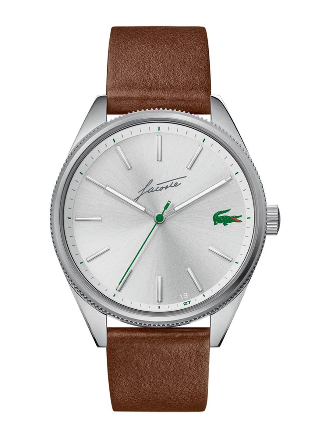 lacoste men silver-toned brass dial & brown leather straps analogue watch 2011052-silver