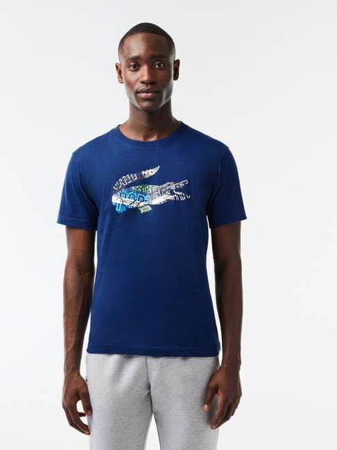 lacoste navy cotton regular fit printed t-shirt