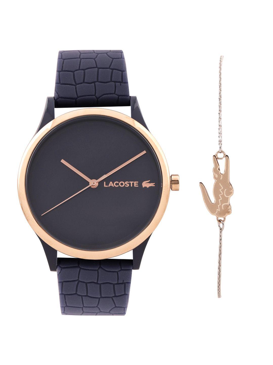 lacoste women crocodelle textured analogue watch with bracelet 2070020-blue