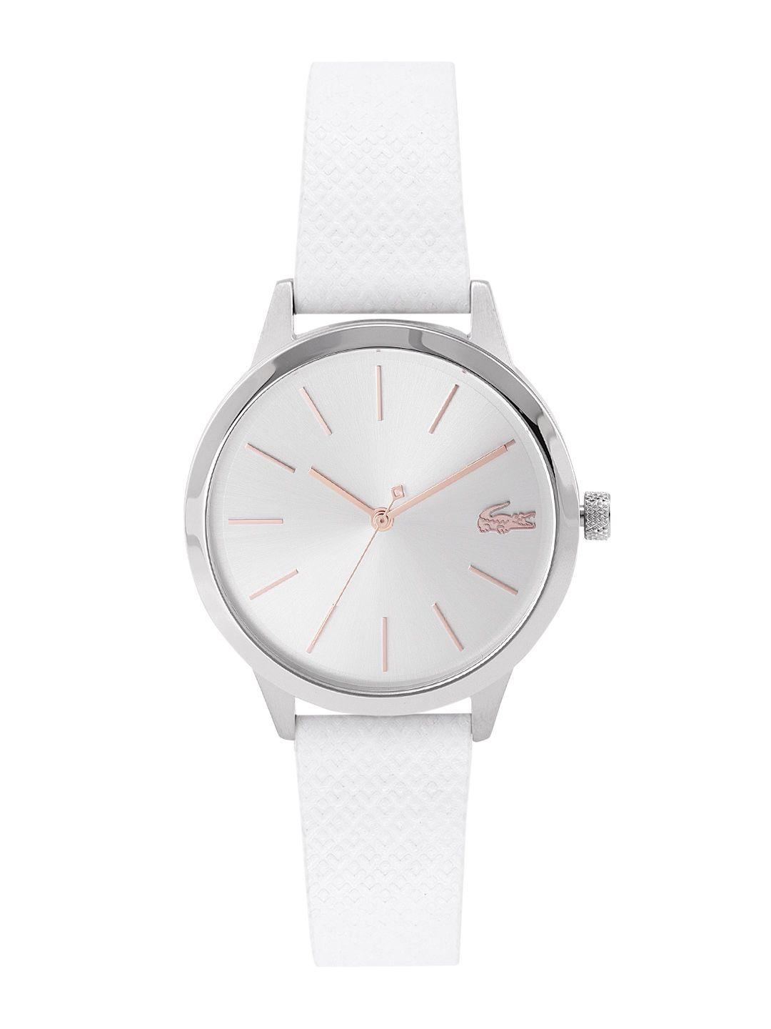 lacoste women silver-toned dial & white leather straps analogue watch 2001089