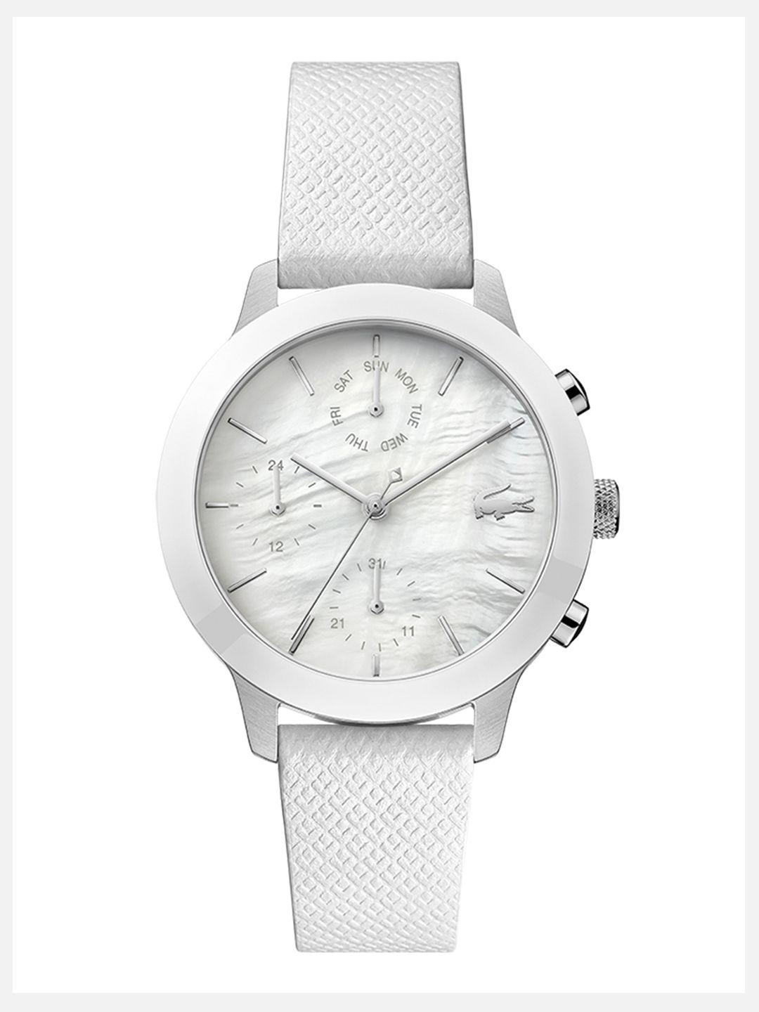 lacoste women white brass mother of pearl dial & white leather straps analogue multi function watch