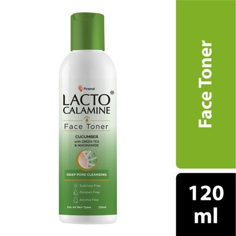 lacto calamine cucumber face toner with green tea & niacinamide for cool and hydrated skin. tightens pores & evens skin tone. suitable for oily and acne prone skin. no parabens, no sulphate, no alcohol - 120 ml